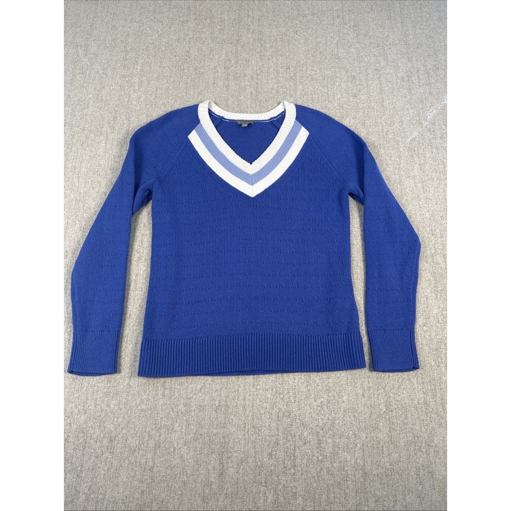 T by Talbots Cable Knit Sweater Women XS Blue Varsity V Neck COOLMAX Pullover